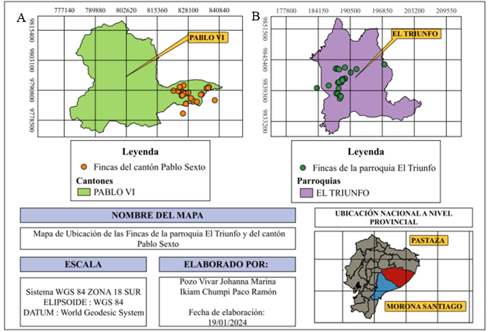 Mapa de ubicación de las fincas lecheras de las Asociaciones Pablo Sexto (A) y El Triunfo.